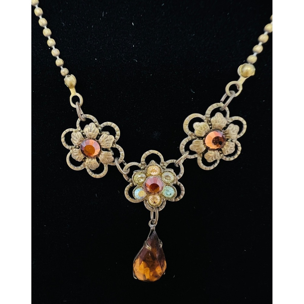 Michal Negrin Vintage Floral Crystal Drop Necklace Antiqued Brass Amber Glass - Picture 2 of 8
